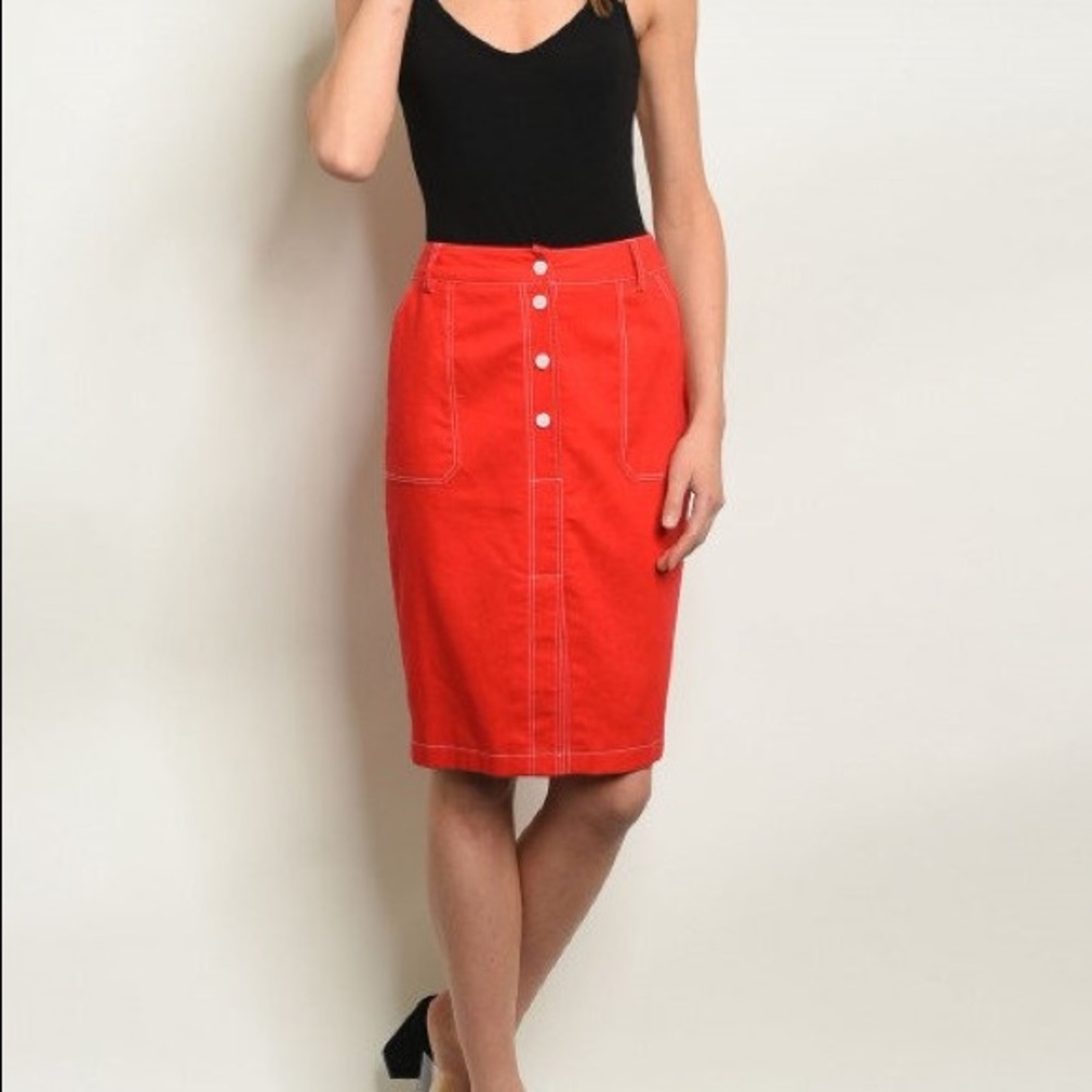 SALE Red Soft Denim Linen Pencil Skirt Button Up Pockets Cotton S M L - Picture 13 of 15